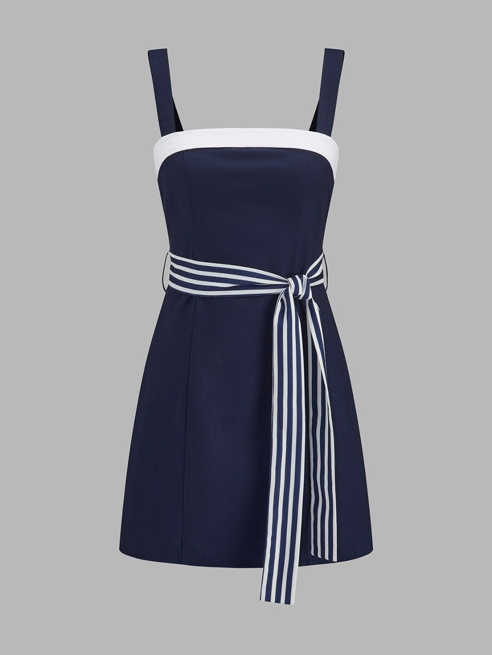 Commense Navy Mini Dress with White Trim and Striped Sash